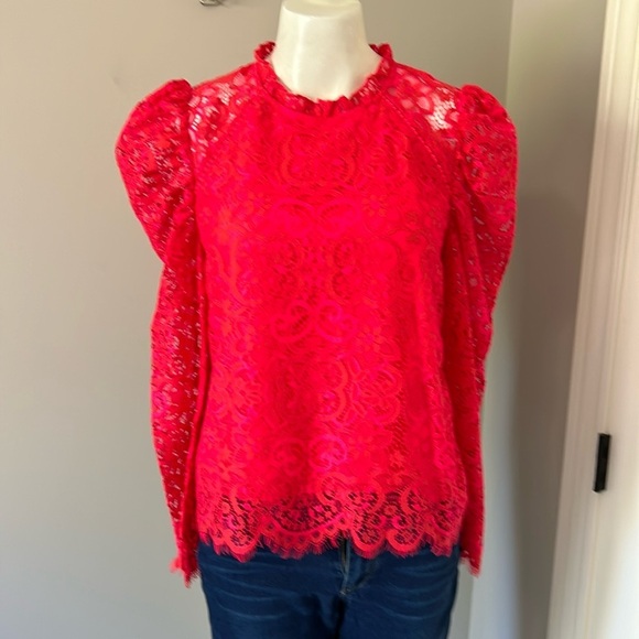 Lilly Pulitzer Averi Lace Top Ruby Red Two Tone Carnival Lace Shirt Sz S - Picture 4 of 16